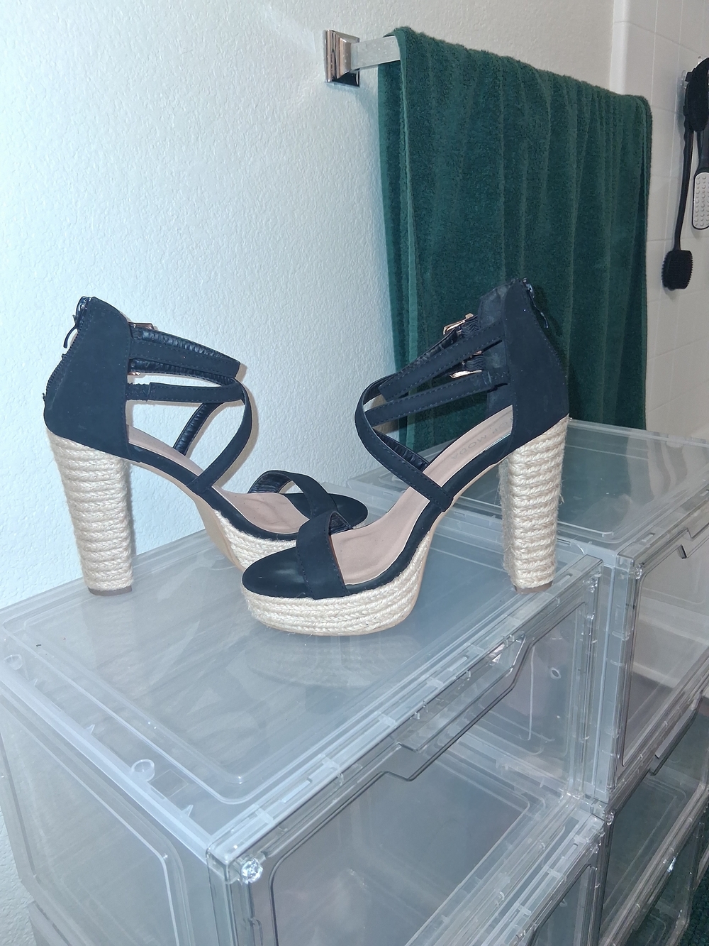 TOP Moda Black Strappy Rope Platform Wedge Sandals